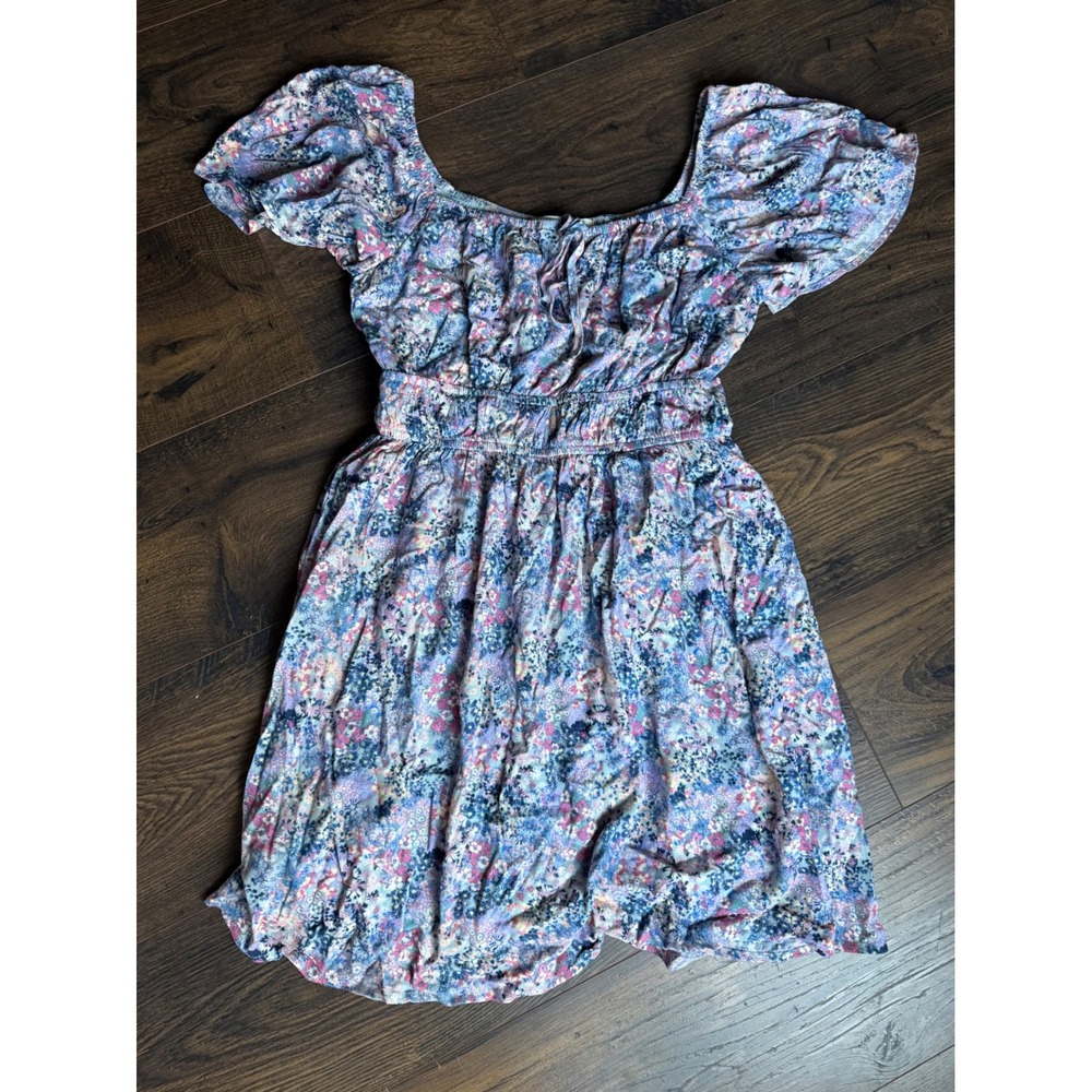 Rewind Women Blue Floral Smocked Waist Mini Dress Flutter Sleeve M 0083